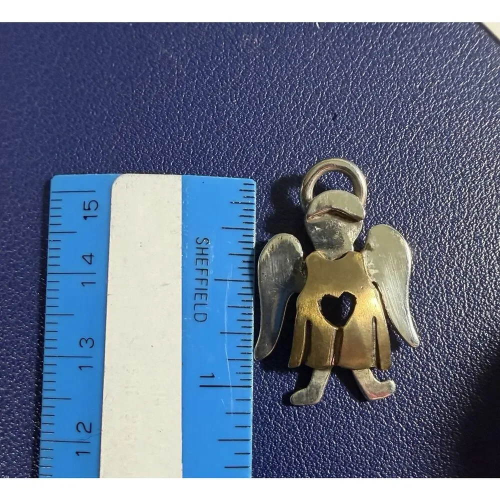 Mex925 Sterling Silver and Brass Angel Heart Pin Brooch Pendant 1 inch